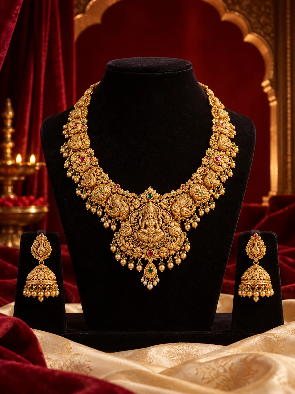 Traditional gold necklace and earrings on a velvet display — Shreeji Jewellery Traditional gold necklace and earrings on a velvet display — Shreeji Jewellery
