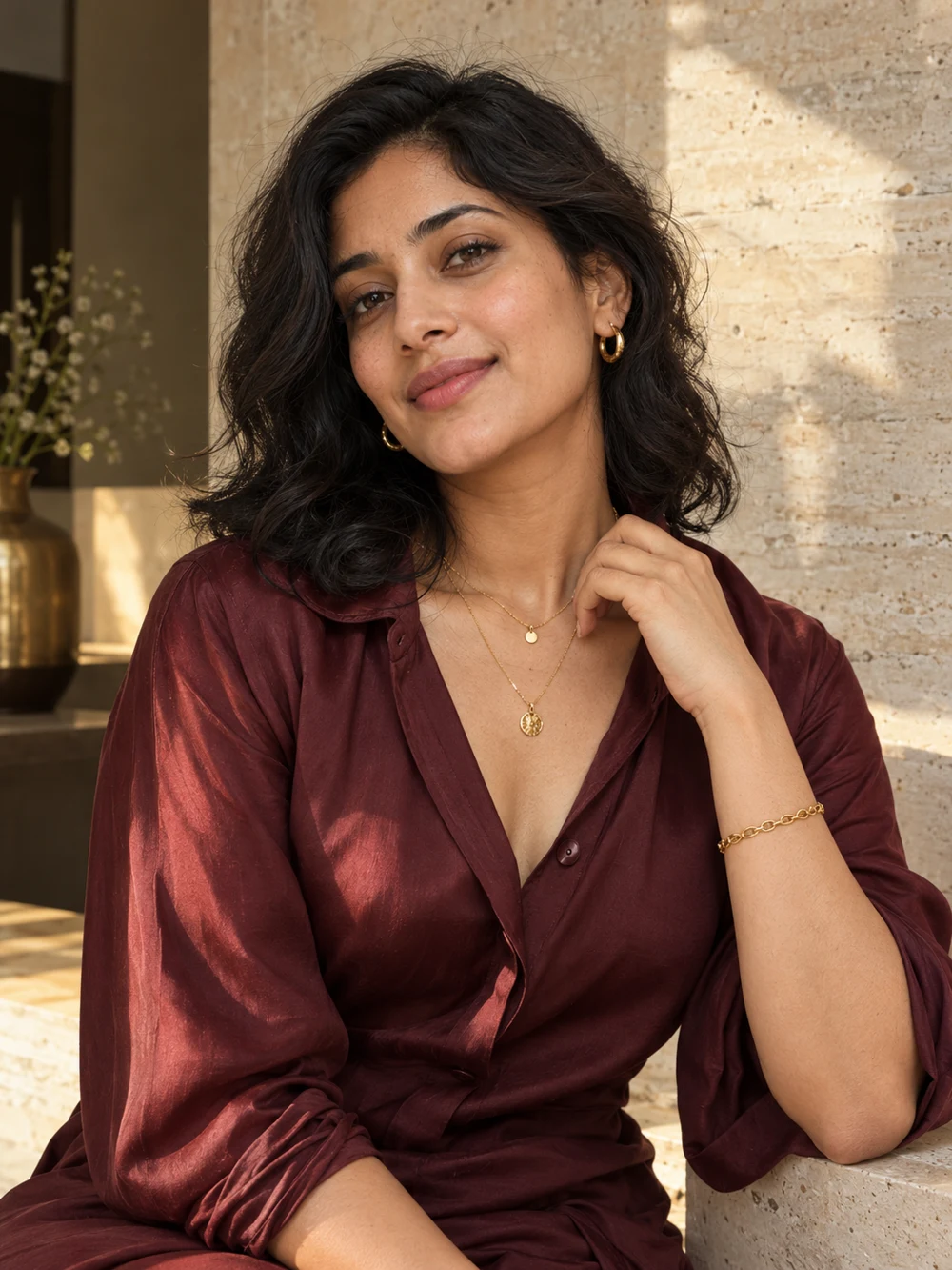 Delicate gold necklace and bracelet styling with a burgundy blouse — Shreeji Jewellery Delicate gold necklace and bracelet styling with a burgundy blouse — Shreeji Jewellery